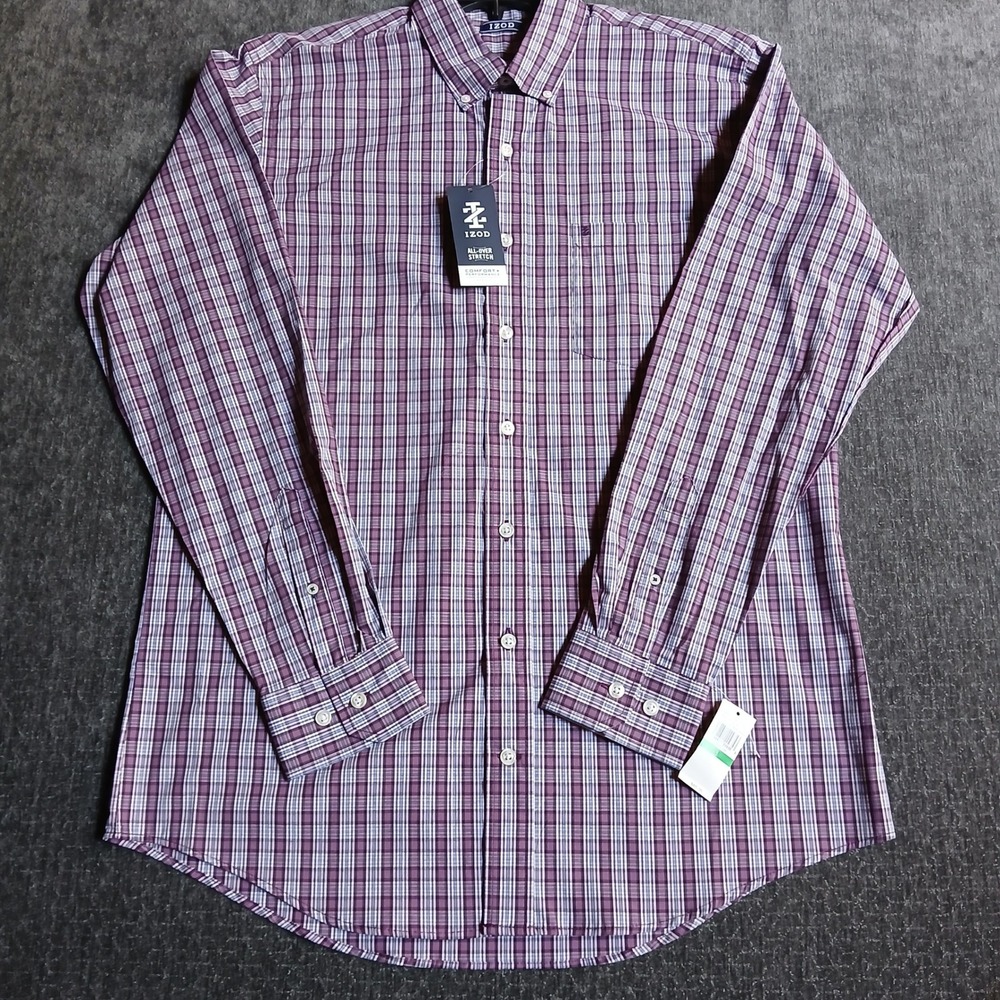 IZOD Advantage Performance Plaid Shirt Mens Large Tall LT Grape Jam Stretch NWT